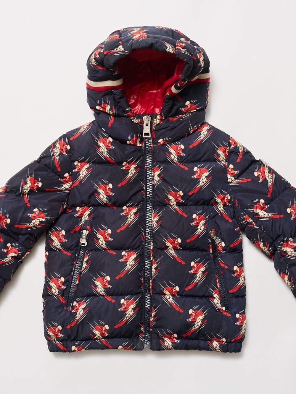 MONCLER ENFANT HOODED DOWN JACKET ALL-OVER SKI PRINT